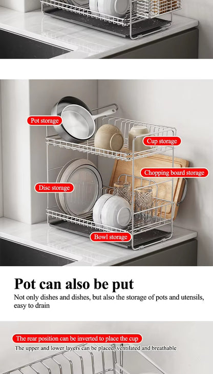 Kitchen drain rack, 304 stainless steel bowl rack, storage rack, countertop double-layer drain rack, tableware storage rack -