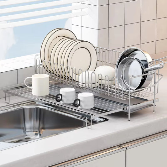 Ultra-narrow stainless steel kitchen bowl rack, double-layer vertical expandable drainage sink, bowl and plate storage functi