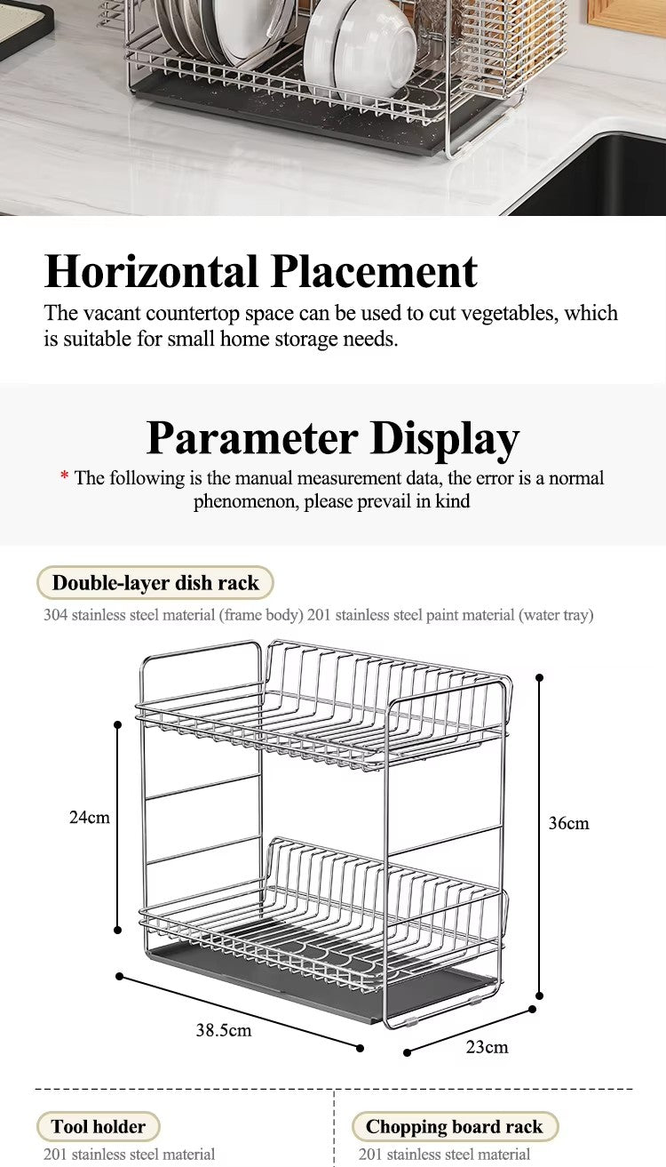 Kitchen drain rack, 304 stainless steel bowl rack, storage rack, countertop double-layer drain rack, tableware storage rack -