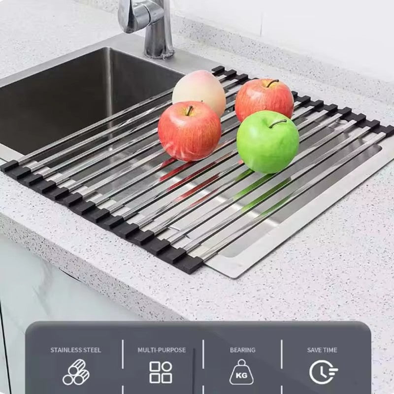 304 stainless steel kitchen sink drain rack square tube dish rack folding fruit vegetable dish filter rack - Image 5