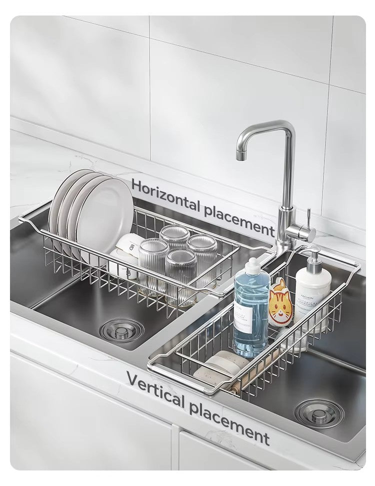 304 stainless steel sink draining basket, extendable kitchen sink, draining basket for bowls, plates, vegetables and fruits -