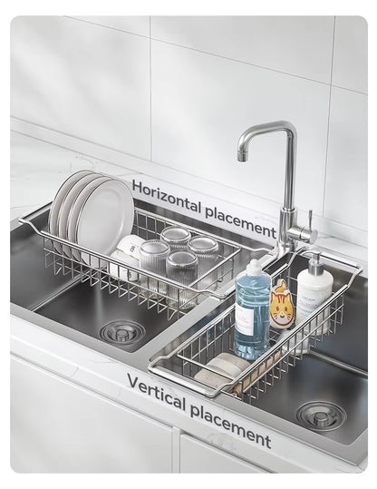 304 stainless steel sink draining basket, extendable kitchen sink, draining basket for bowls, plates, vegetables and fruits -