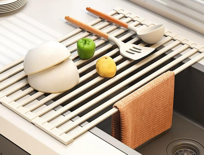 Foldable kitchen drain rack, heat-insulating mat, stainless steel sink, dish drainer, and storage rack - Image 1
