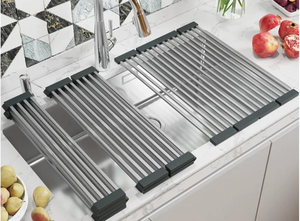 Silicone stainless steel foldable kitchen storage rack, assembly rack, kitchen sink, bowl, cup and drain pipe rack - Image 1