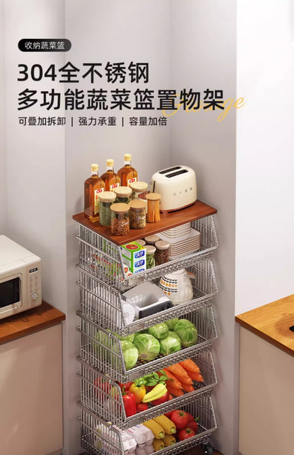 Multi-layered floor-standing household fruit, vegetable and snack storage rack, multi-functional living room trolley