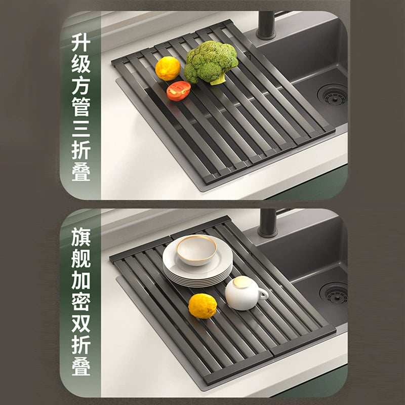 Sink draining rack, 304 stainless steel foldable bowl rack, storage rack, gun grey kitchen countertop storage water filter pa