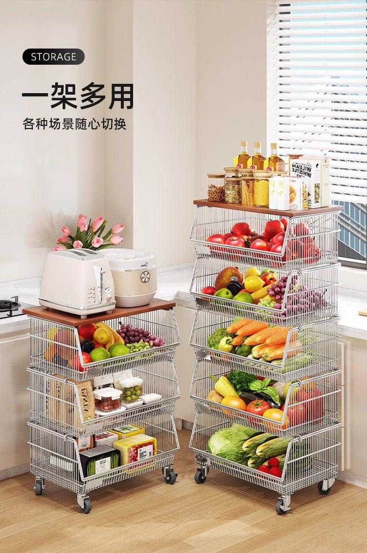 Multi-layered floor-standing household fruit, vegetable and snack storage rack, multi-functional living room trolley