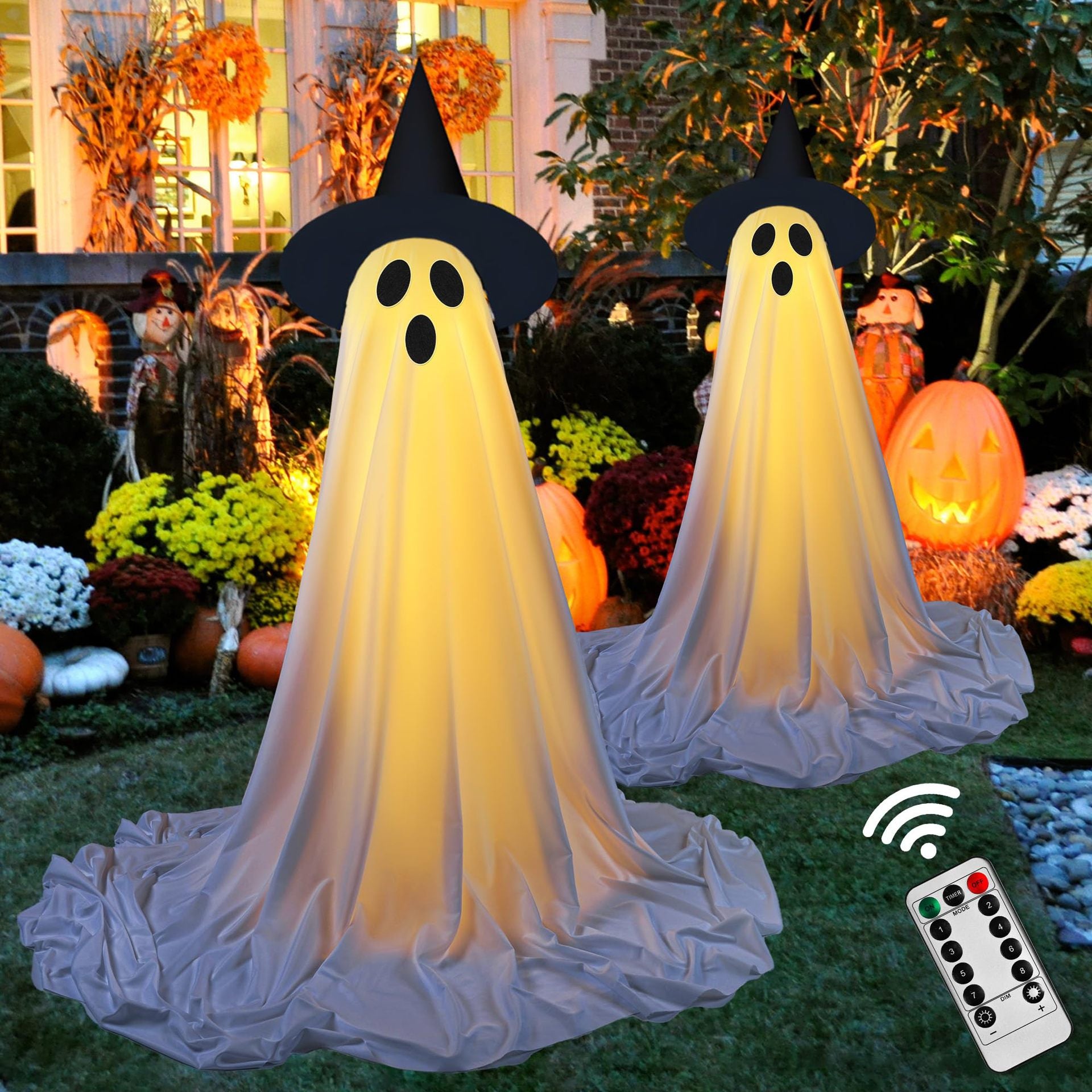 Front porch glowing ghost halloween Standing ghost porch yard ghost Halloween decorations 前门廊发光幽灵万圣节站立鬼门廊庭院幽灵halloween decorations - 万圣节装饰品 - Zhongshan Star Trade - 戴帽遥控款（电池盒） - 两个装三脚架伸缩杆(0.4 - 1.55米)盒装