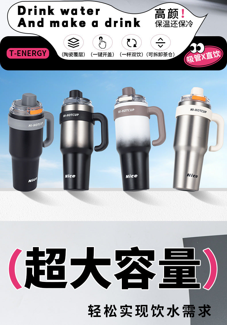 Giant large-capacity insulated ice cup, portable ceramic inner liner straw cup for men, one-click quick-opening insulated cup