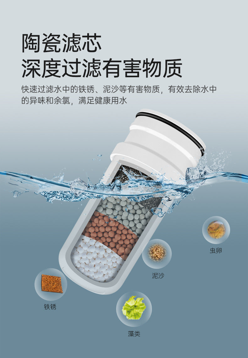 Pre-filter for kitchen faucet with anti-splash water function, made of ceramic activated carbon, for direct drinking water purification.