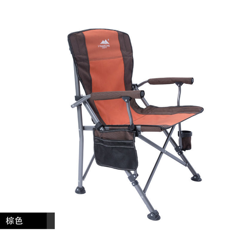 Portable camping chair with upholstered seats and backrests with side pockets and cup holders, including handbags, perfect for camping, trailing, fire pits, terraces and more便携式露营椅，带侧袋和杯架的软垫座椅和靠背，包括手提包，非常适合露营、尾随、火坑、露台等 - 户外折叠椅 - Zhongshan Star Trade - Brown - 大号 - 实布