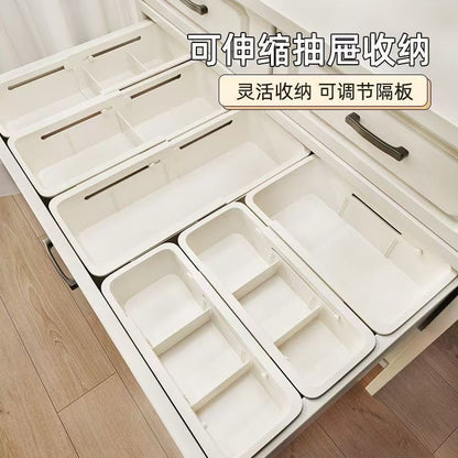 The storage box drawer is divided into built-in retractable rectangular compartments for cosmetics, lipsticks, snacks and small sundries