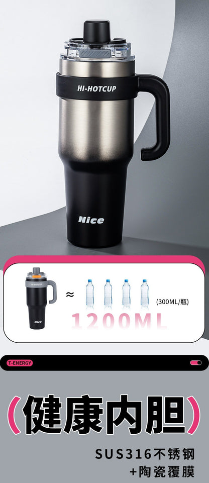 Giant large-capacity insulated ice cup, portable ceramic inner liner straw cup for men, one-click quick-opening insulated cup