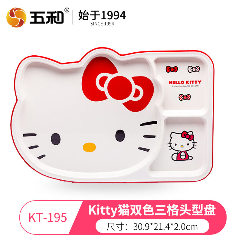 Genuine Sanrio Hello Kitty children's melamine tableware, high appearance level plates, cartoon bowls, plates, cups and tableware 正版三丽鸥凯蒂猫儿童密胺餐具高颜值餐盘卡通碗盘子杯子餐具 - 日式餐具 - Zhongshan Star Trade - 凯蒂猫双色头型三格盘KT - S195