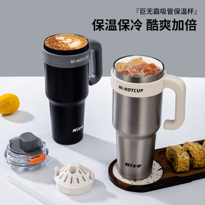 Giant large-capacity insulated ice cup, portable ceramic inner liner straw cup for men, one-click quick-opening insulated cup