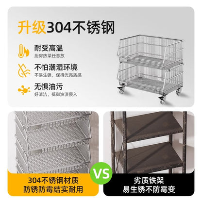 Multi-layered floor-standing household fruit, vegetable and snack storage rack, multi-functional living room trolley