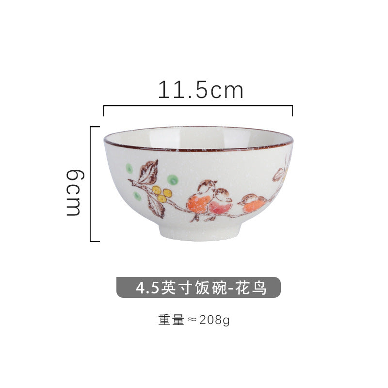 4.5 inch, 5 inch, retro Chinese Japanese creative hand - painted flower cereal ceramic soup rice bowl  4.5 英寸、5英寸，复古中国日式创意手绘花卉麦片陶瓷汤饭碗 - 日式餐具 - Zhongshan Star Trade - 花鸟4.5英寸米饭碗