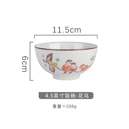 4.5 inch, 5 inch, retro Chinese Japanese creative hand - painted flower cereal ceramic soup rice bowl  4.5 英寸、5英寸，复古中国日式创意手绘花卉麦片陶瓷汤饭碗 - 日式餐具 - Zhongshan Star Trade - 花鸟4.5英寸米饭碗
