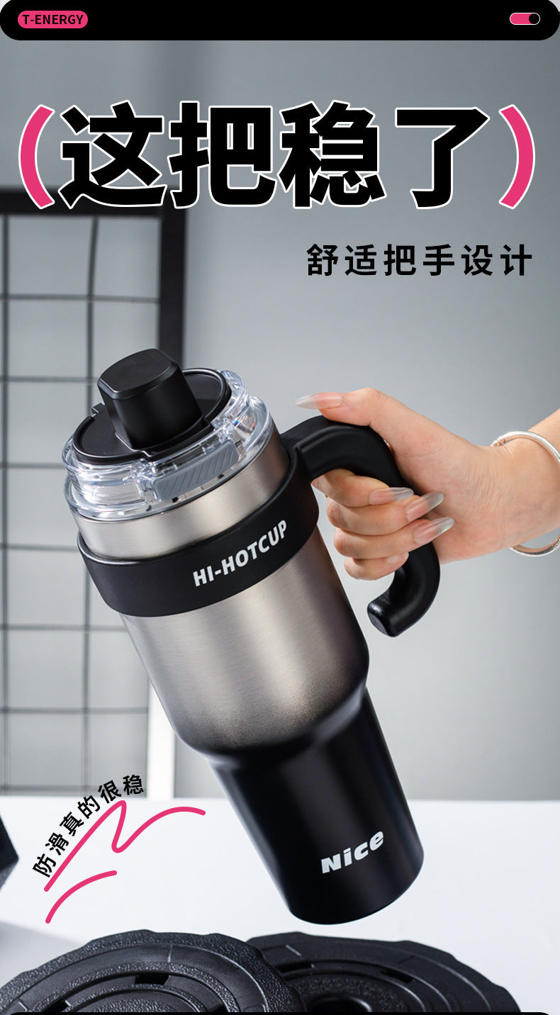 Giant large-capacity insulated ice cup, portable ceramic inner liner straw cup for men, one-click quick-opening insulated cup