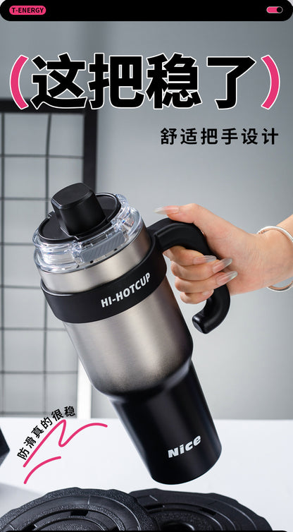 Giant large-capacity insulated ice cup, portable ceramic inner liner straw cup for men, one-click quick-opening insulated cup