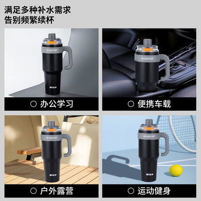 Giant large-capacity insulated ice cup, portable ceramic inner liner straw cup for men, one-click quick-opening insulated cup
