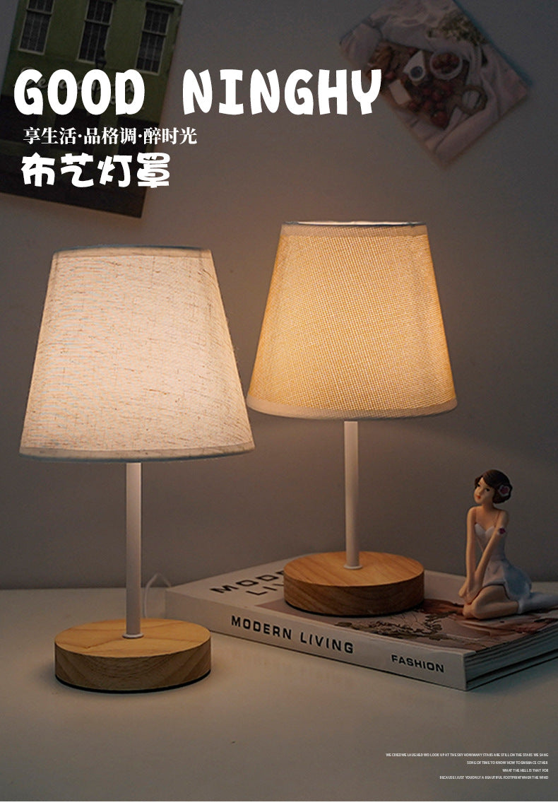 Solid wood fabric usb small table lamp, bedroom bedside lamp, study, residential dormitory led night light, creative ambient light decoration