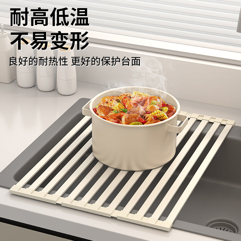 Foldable kitchen drain rack, heat-insulating mat, stainless steel sink, dish drainer, and storage rack - Image 4