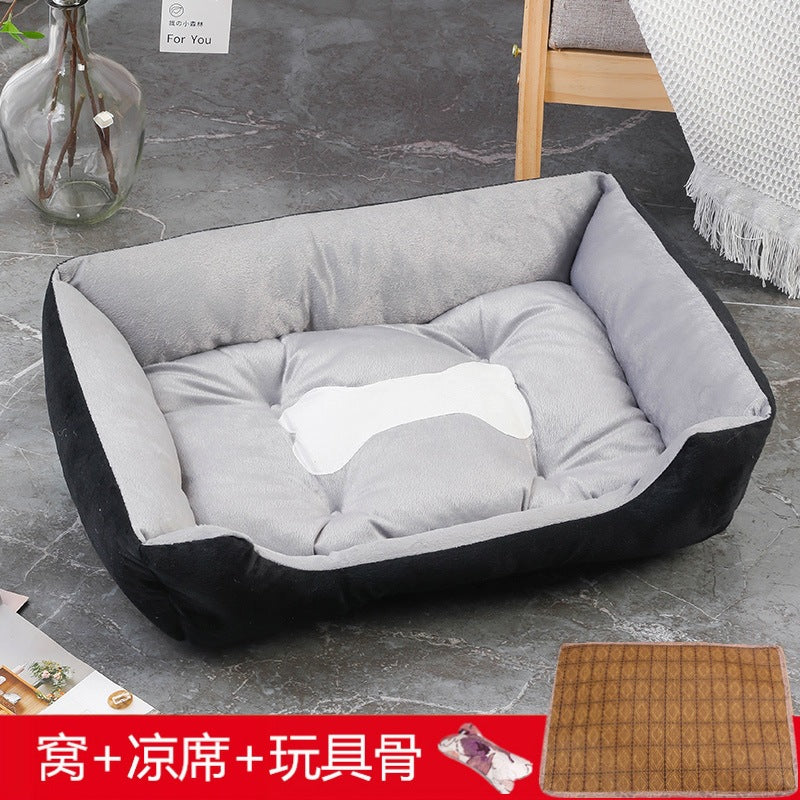 Rectangular washable orthopedic dog bed, suitable for small, medium and large dogs, soft and calm, durable pet bed for sleeping puppies, with anti - slip bottom 矩形可水洗矫形狗床，适用于小型、中型和大型犬，柔软镇静，睡眠小狗床耐用宠物抱抱器，带防滑底部 - 宠物友好型户外用品 - Zhongshan Star Trade - 黑灰色+凉席+骨头 - 90*70*15cm（70斤内 - 1200g）