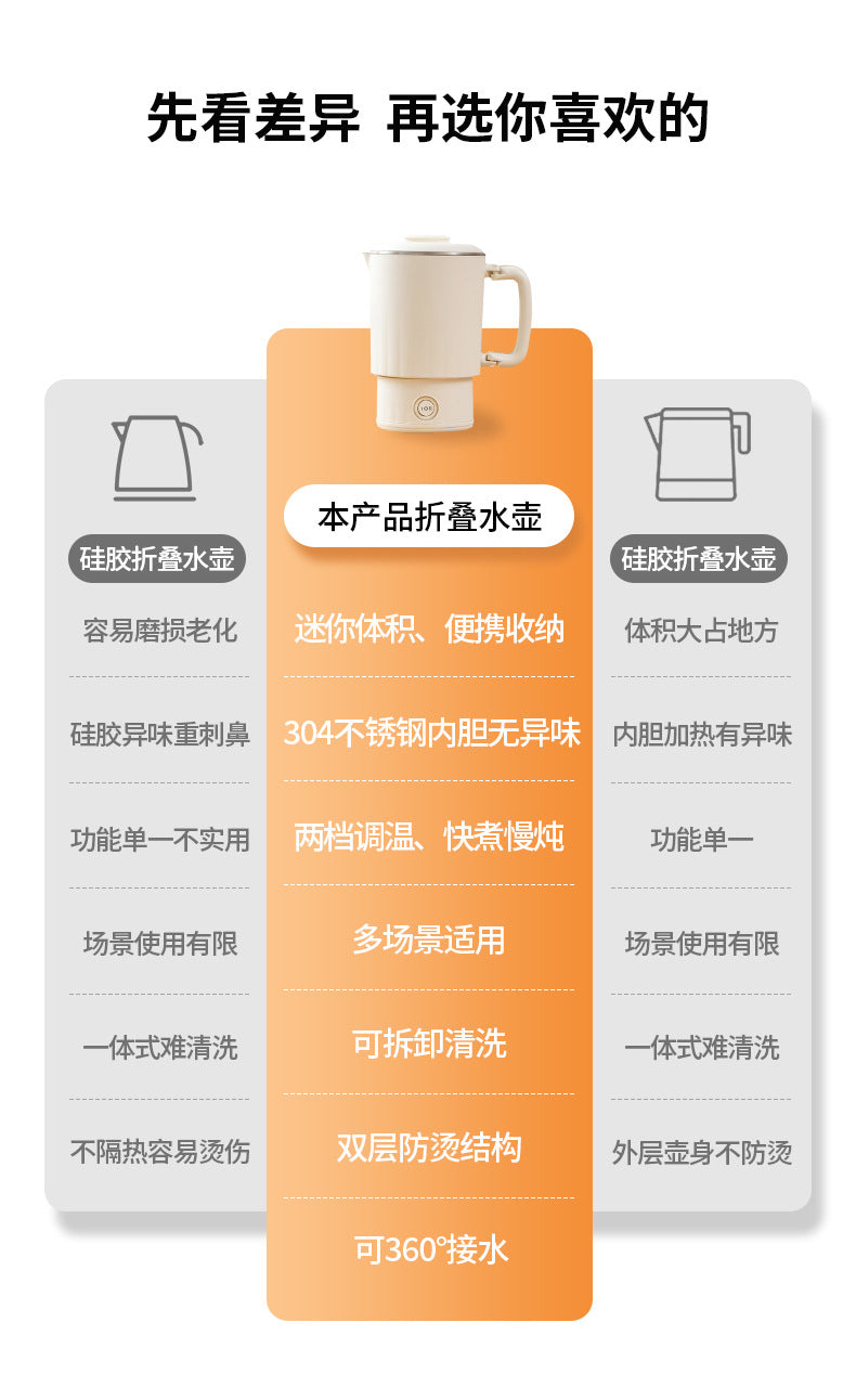 German small travel outdoor kettle, foldable electric kettle, household kettle, stainless steel portable electric kettle