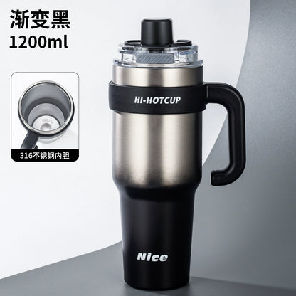 Giant large-capacity insulated ice cup, portable ceramic inner liner straw cup for men, one-click quick-opening insulated cup