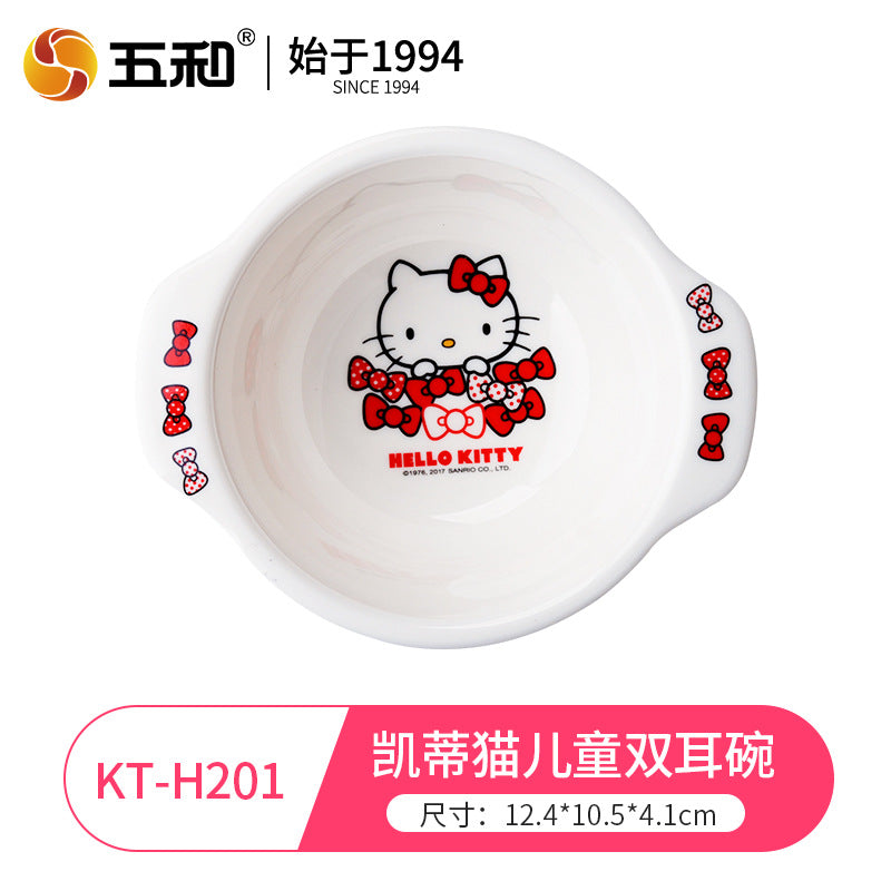 Genuine Sanrio Hello Kitty children's melamine tableware, high appearance level plates, cartoon bowls, plates, cups and tableware 正版三丽鸥凯蒂猫儿童密胺餐具高颜值餐盘卡通碗盘子杯子餐具 - 日式餐具 - Zhongshan Star Trade - 凯蒂猫儿童双耳碗KT - H201