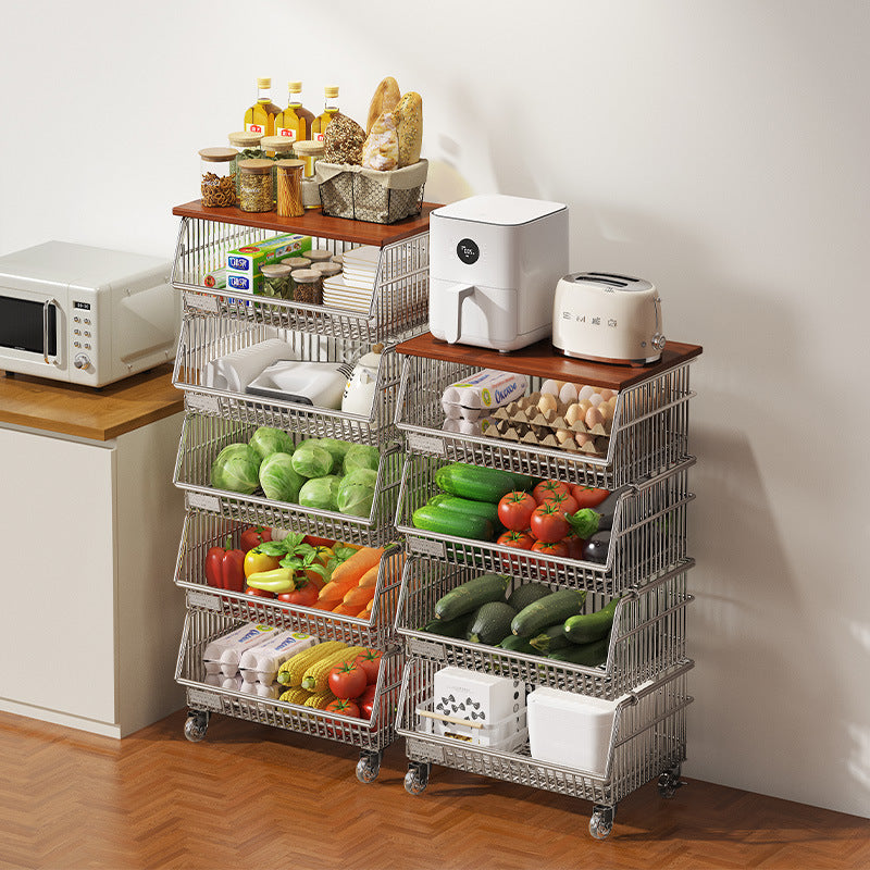 Multi-layered floor-standing household fruit, vegetable and snack storage rack, multi-functional living room trolley