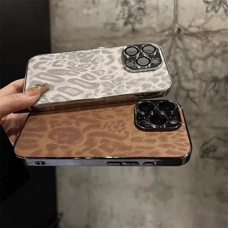 Suitable for Apple iphone17Promax, leather electroplated full cover phone case 15P leopard print ins with built-in lens film
