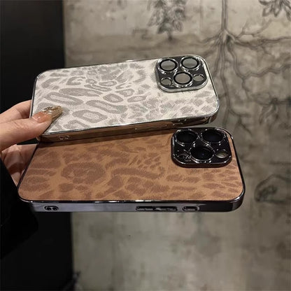 Suitable for Apple iphone17Promax, leather electroplated full cover phone case 15P leopard print ins with built-in lens film