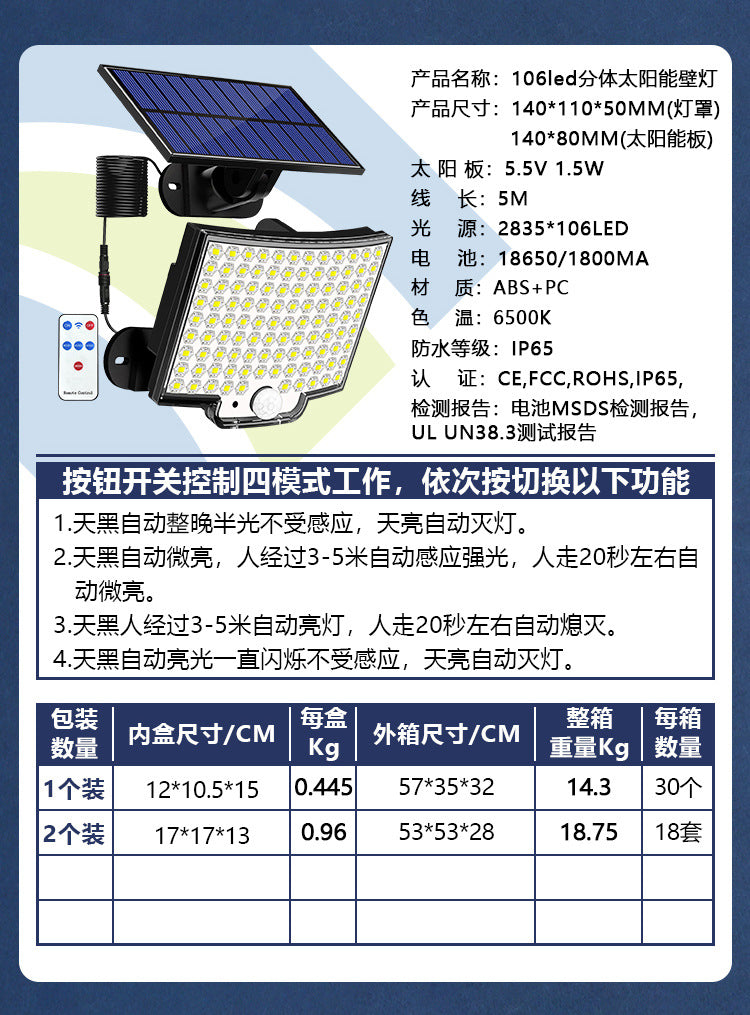 Solar outdoor light 2835LM 106 LED safety light, with remote control, IP65 waterproof, 180° wide-angle floodlight wall lamp, with 4 modes