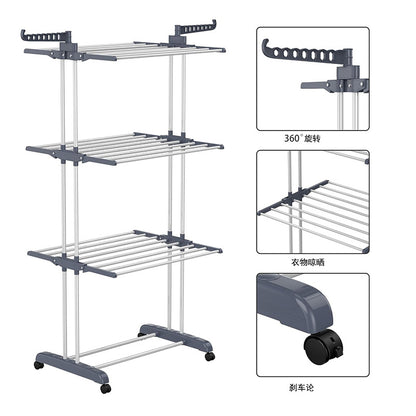 Clothes drying rack, super large 3 - layer (170cm high) foldable stainless steel clothes drying rack for clothing, movable clothes drying rack with 4 casters, 24 clothes drying rods and 14 hooks, for bed sheets, clothes, gray - 折叠式多功能晾衣架 - Zhongshan Star Trade