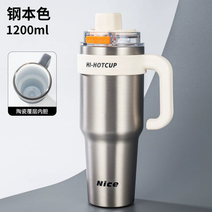 Giant large-capacity insulated ice cup, portable ceramic inner liner straw cup for men, one-click quick-opening insulated cup