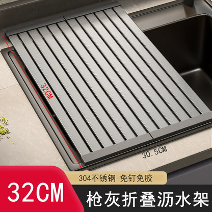 Sink draining rack, 304 stainless steel foldable bowl rack, storage rack, gun grey kitchen countertop storage water filter pa