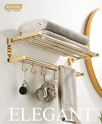 Gold towel rack set, wall-mounted folding bath towel rack, European-style towel pole, bathroom storage rack