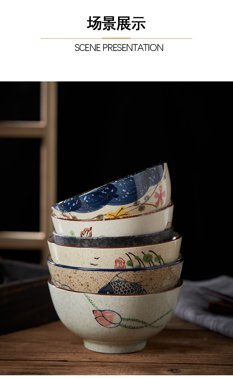 4.5 inch, 5 inch, retro Chinese Japanese creative hand - painted flower cereal ceramic soup rice bowl  4.5 英寸、5英寸，复古中国日式创意手绘花卉麦片陶瓷汤饭碗 - 日式餐具 - Zhongshan Star Trade