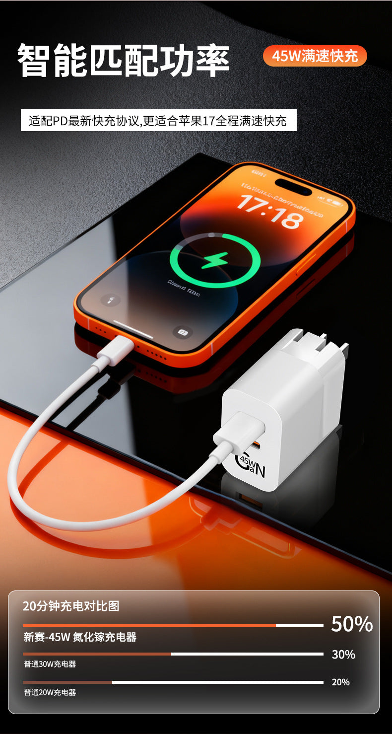 The PD45W GaN charger is compatible with Apple's ipnoe17 fast charging foldable foot 3C certified phone charger