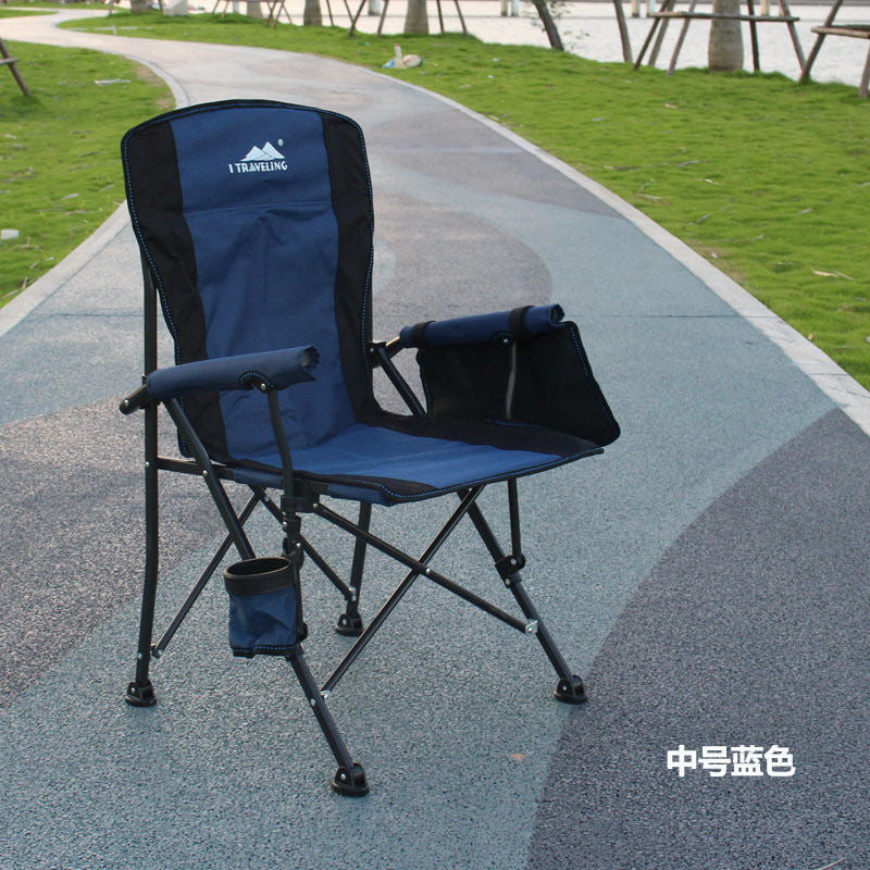 Portable camping chair with upholstered seats and backrests with side pockets and cup holders, including handbags, perfect for camping, trailing, fire pits, terraces and more便携式露营椅，带侧袋和杯架的软垫座椅和靠背，包括手提包，非常适合露营、尾随、火坑、露台等 - 户外折叠椅 - Zhongshan Star Trade - Blue - 中号 - 实布