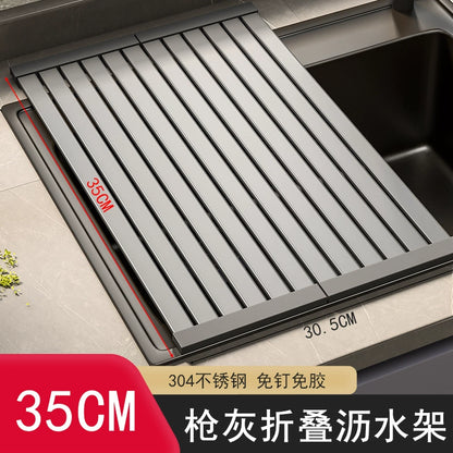 Sink draining rack, 304 stainless steel foldable bowl rack, storage rack, gun grey kitchen countertop storage water filter pa