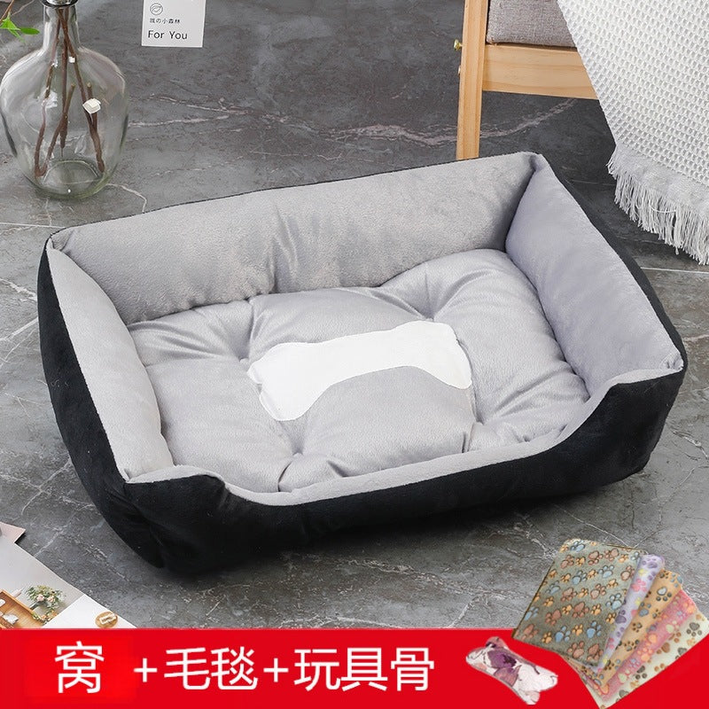 Rectangular washable orthopedic dog bed, suitable for small, medium and large dogs, soft and calm, durable pet bed for sleeping puppies, with anti - slip bottom 矩形可水洗矫形狗床，适用于小型、中型和大型犬，柔软镇静，睡眠小狗床耐用宠物抱抱器，带防滑底部 - 宠物友好型户外用品 - Zhongshan Star Trade - 黑灰色+毛毯+骨头 - 90*70*15cm（70斤内 - 1200g）