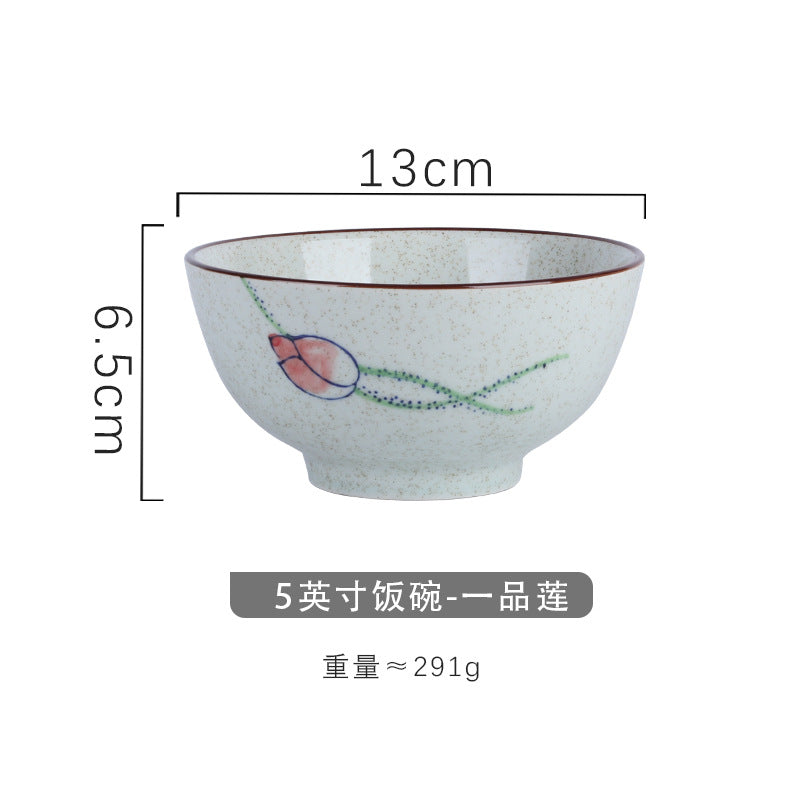 4.5 inch, 5 inch, retro Chinese Japanese creative hand - painted flower cereal ceramic soup rice bowl  4.5 英寸、5英寸，复古中国日式创意手绘花卉麦片陶瓷汤饭碗 - 日式餐具 - Zhongshan Star Trade - 一品莲5英寸米饭碗