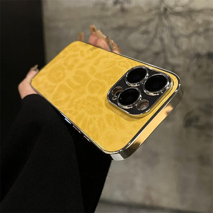 Suitable for Apple iphone17Promax, leather electroplated full cover phone case 15P leopard print ins with built-in lens film