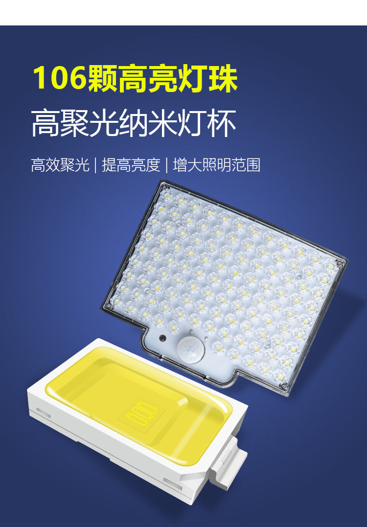 Solar outdoor light 2835LM 106 LED safety light, with remote control, IP65 waterproof, 180° wide-angle floodlight wall lamp, with 4 modes