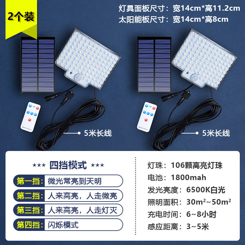 Solar outdoor light 2835LM 106 LED safety light, with remote control, IP65 waterproof, 180° wide-angle floodlight wall lamp, with 4 modes