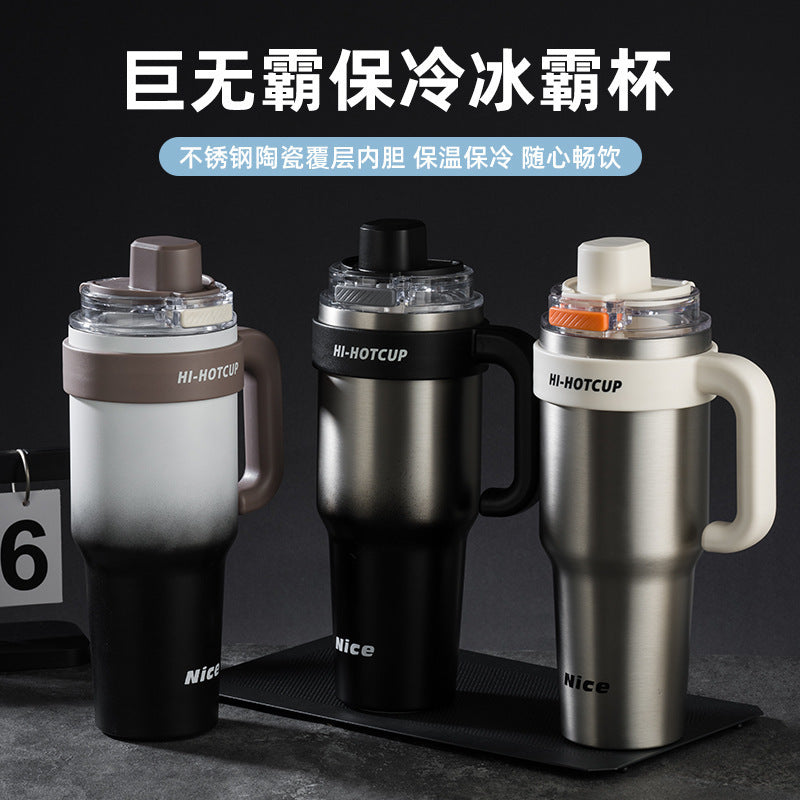 Giant large-capacity insulated ice cup, portable ceramic inner liner straw cup for men, one-click quick-opening insulated cup