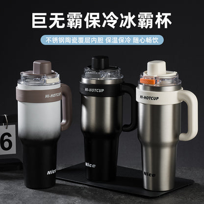 Giant large-capacity insulated ice cup, portable ceramic inner liner straw cup for men, one-click quick-opening insulated cup